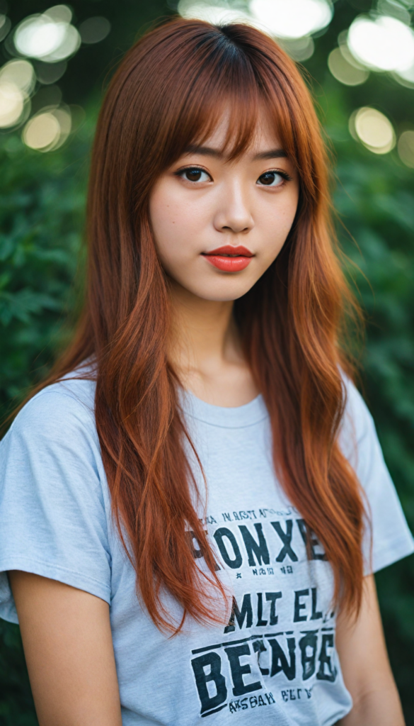 a (very beautiful Asian teenage girl), with long, flowing, voluminous (detailed soft red amber hair), styled in a sleek, shiny, straight bangs haircut with sharp, defined (full red lips), emitting an ethereal glow that complements her otherwise natural features, dressed in a (t-shirt), perfect curved fit body, round realistic face, round shiny amber eyes