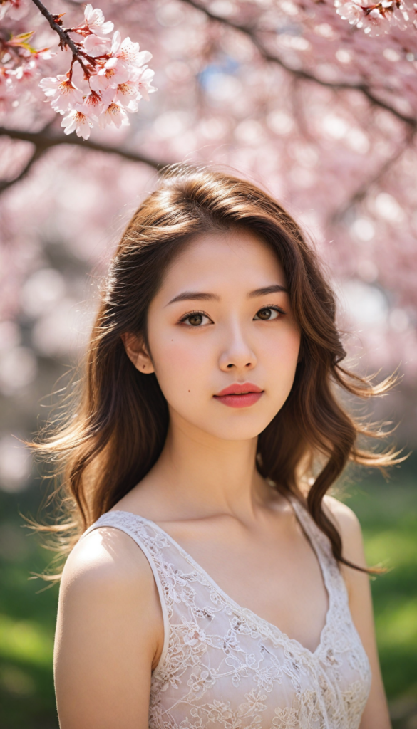 a stunningly realistic portrayal of a whimsical Japanese teen girl, with cascading, voluminous waves of silky light brown hair adorned with delicate cherry blossom clips, her flawless porcelain skin glowing softly in the warm sunlight, featuring a petite, perfectly shaped nose and inviting rosy red lips. She is dressed in an ethereal, sheer tank top that dances with the breeze, revealing intricate patterns of lace, as she poses confidently against a backdrop of vibrant cherry blossom trees, capturing the essence of springtime grace and youth. The scene is infused with a dreamy, pastel color palette reminiscent of Impressionist painters, evoking a sense of tranquility and beauty.