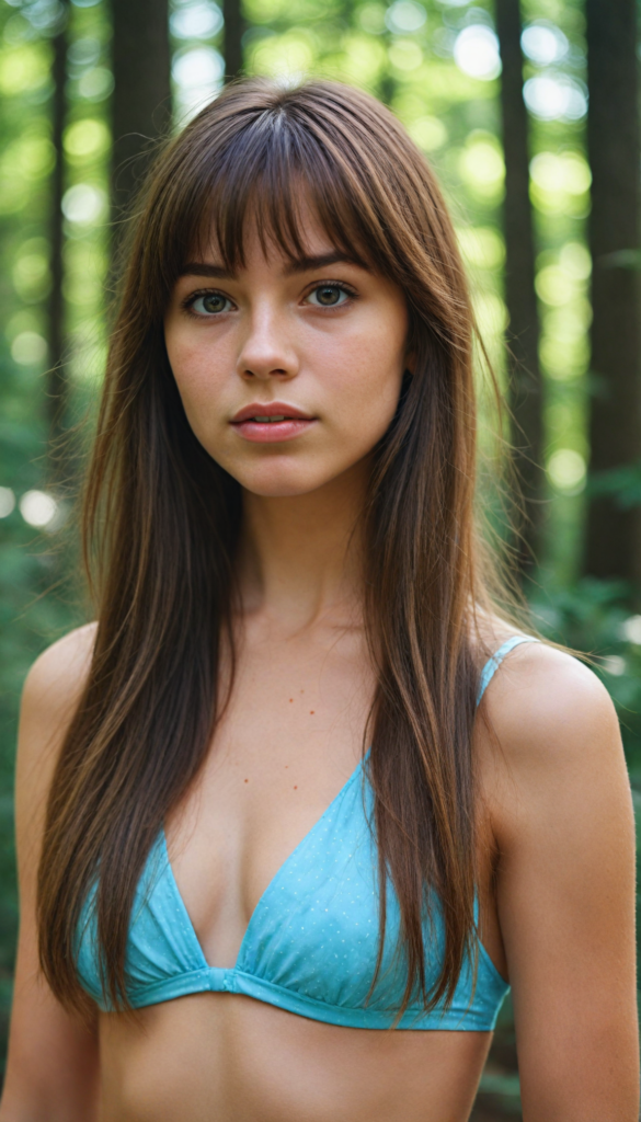 high detailed and realistic upper body portrait from a breathtakingly beautiful natural (18-year-old girl) with warm amber eyes and luxuriously thick (light brown detailed long smooth straight hair, bangs), full lips, (wears a light blue bikini that support her perfect body, stands in an autumnal forest)