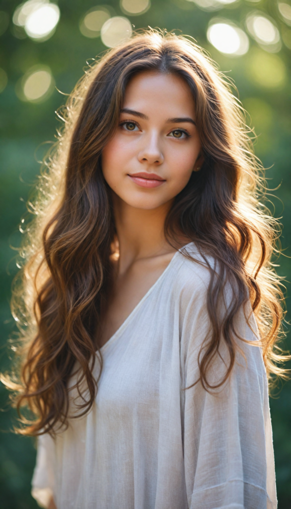 a captivating portrait of a young girl with long, flowing hair that shimmers like silk, cascading over her shoulders. Her round face radiates warmth, framed by delicate strands of hair, while her enchanting, expressive eyes sparkle with curiosity and wonder. Full, rosy lips curve into a gentle smile, inviting connection. The background blurs into a dreamy bokeh of pastel colors, reminiscent of Impressionist paintings, evoking a sense of whimsy and innocence. Sunlight filters softly through, casting a golden glow and enhancing the ethereal quality of this moment.