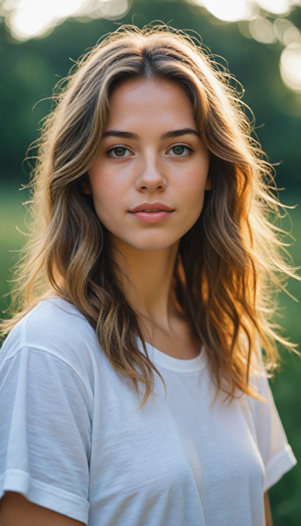 A stunning young girl with soft, long gold hair, captured in a perfect portrait style. She wears a simple white t-shirt that contrasts beautifully with her radiant features. The background is a dreamy, blurred landscape bathed in soft pastel colors, reminiscent of an impressionist painting. The lighting is warm and ethereal, highlighting her expressive eyes and gentle smile, evoking a sense of serenity and grace.