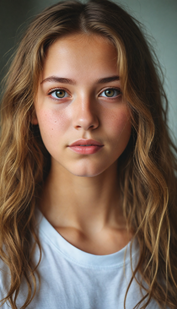 a stunning young detailed girl, beautiful eyes, full lips, soft long light brown wavy hair, perfect portrait, white t-shirt