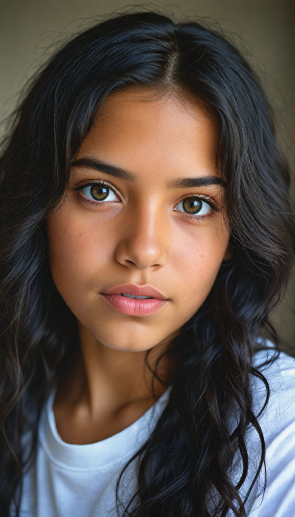 a stunning young detailed Latino girl, beautiful eyes, full lips, soft long obsidian black wavy hair, perfect portrait, white t-shirt