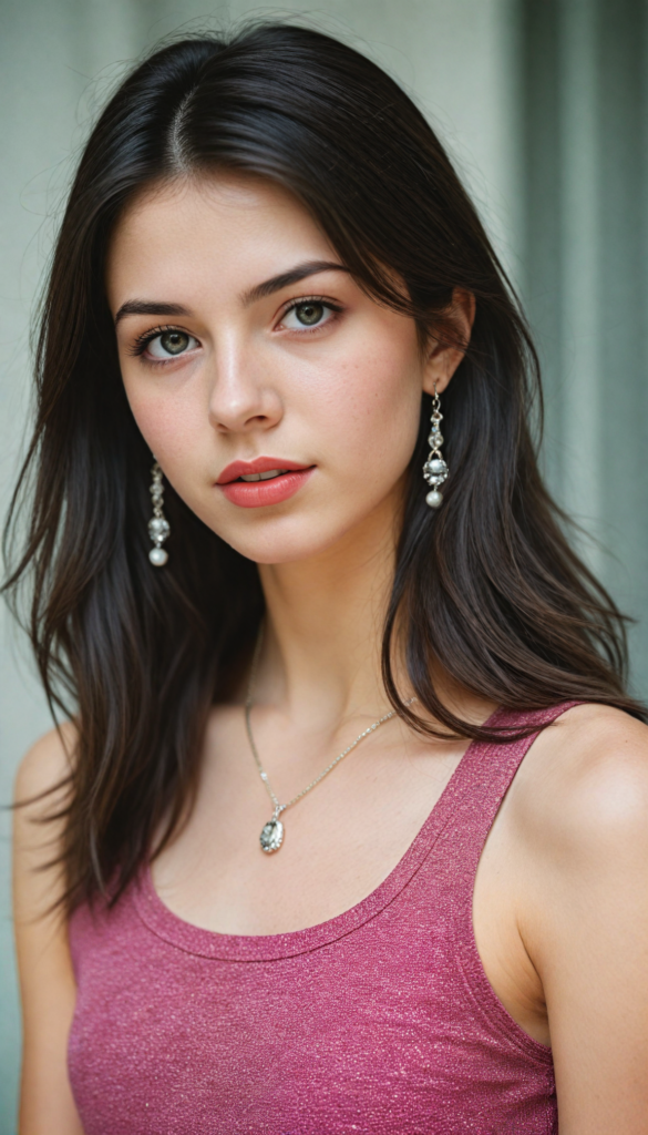 a (beautifully realistic cute model teen girl), with long, flowing, voluminous, dark brown hair featuring (straight hair), flawless (porcelain skin), a small flawless nose, and rosy red lips, dressed in a (plain very short tight revealing translucent tank top and miniskirt), complemented by a sparkling necklace and matching earrings, posing confidently