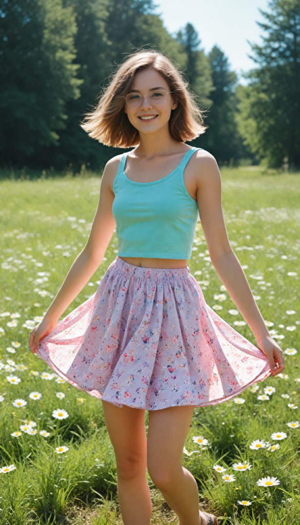 craft a vibrant 3D image of a whimsical teenage girl radiating playful energy, featuring a (gracefully curved silhouette) that embodies youthful charm. Her bob cut frames her face, with locks cascading softly to her shoulders. Infuse the scene with enchanting illustrative details, using a pastel color palette to accentuate her rosy cheeks and sparkling eyes. Experiment with dynamic shadows and soft light to create depth, as she dons a stylish short crop tank top paired with a playful skirt that swirls around her. Capture the full essence of her full-body pose as she dances joyfully in a blooming meadow, surrounded by butterflies and daisies, reflecting a carefree summer spirit.