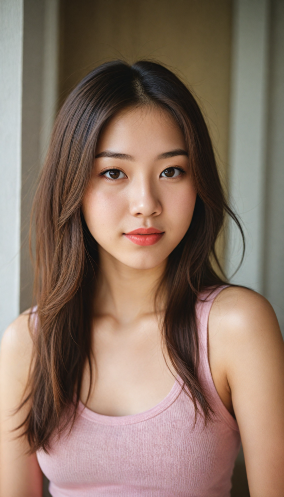 a (beautifully realistic cute Japanese teen girl), with long, flowing, voluminous, light brown soft hair, flawless (porcelain skin), a small flawless nose, and rosy red lips, dressed in a (plain very short tight revealing translucent tank top), posing confidently