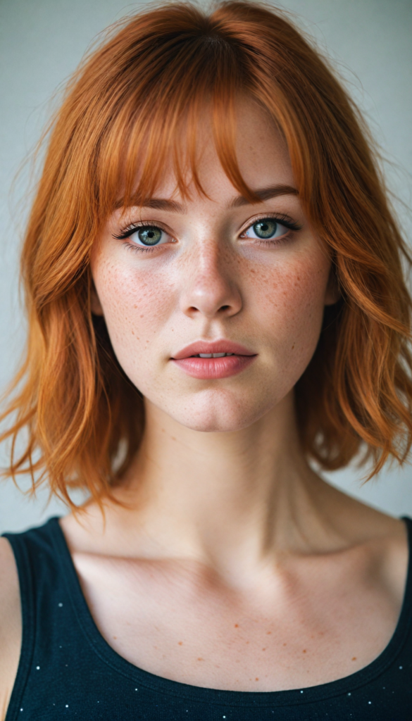 a (softly beautiful young busty girl), with skin that radiates a natural glow, freckles, and imperfections, followed by delicate (full lips), set against a backdrop of a (short, bangs-cut, straight soft long orange hair) and (an imperfect, yet radiant complexion), all framed by a (black, simple outfit) that complements her youthful innocence, against a (white, pure, simple background)