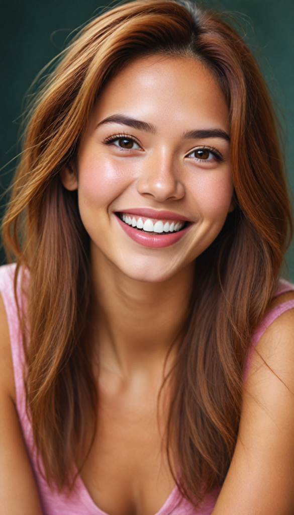 a (very beautiful teenage girl), with long, flowing, voluminous (detailed soft red amber hair), styled in a sleek, shiny, straight haircut with sharp, defined (full red lips), emitting an ethereal glow that complements her otherwise natural features, dressed in a (pink short thin plain and cropped tank top made of fine wool, deep v-neck), perfect curved fit body, she radiates pure joy, smile, perfect white teeth, round realistic face, round shiny amber eyes, full kissable lips, Philippines