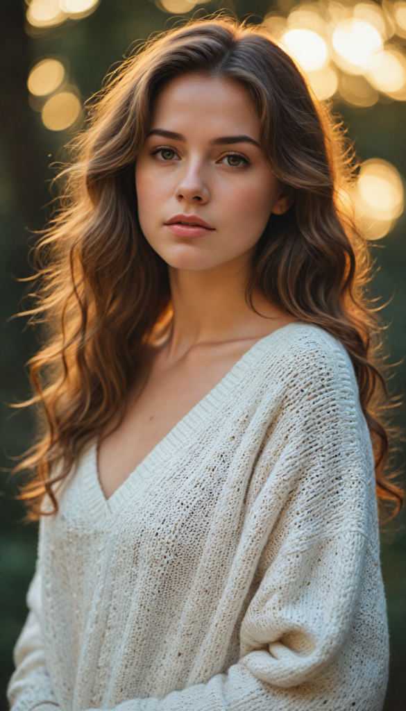 a captivating young woman with cascading, soft waves of light brown hair that shimmer in the sunlight, enveloped in a cozy, oversized white wool sweater that highlights her graceful curves in an ethereal way. The background features a dreamy autumnal landscape, softly blurred to accentuate her enchanting beauty, bathed in golden hues of sunset. Her gaze is both alluring and contemplative, reminiscent of a classic portrait by John William Waterhouse, blending realism with a touch of romanticism.