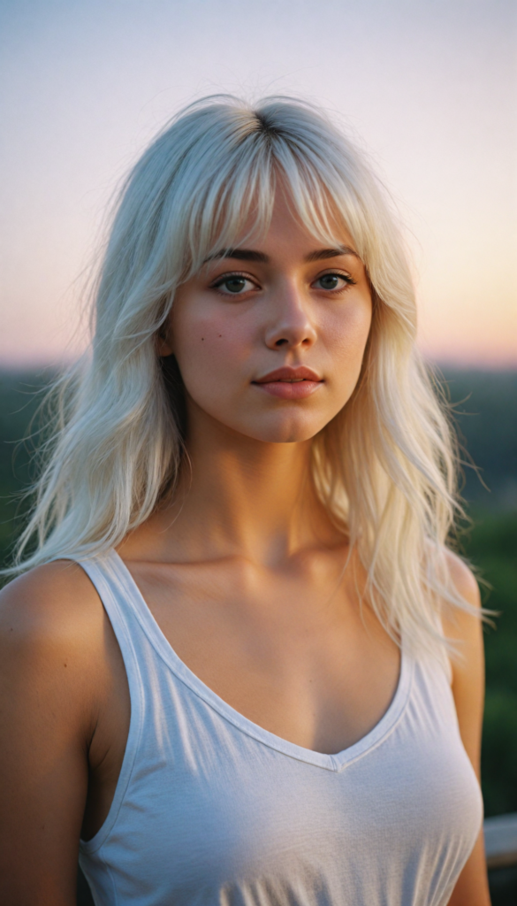 a (cinematic scene) featuring a (very cute well busty teen girl), with details like a side-perspective hairstyle featuring bangs, straight, (detailed long white hair), an angelically perfect facial structure, and a super short, tight, (plain fine tank top, deep v-neck), all against a backdrop of a (softly glowing, side-perspective) sunset