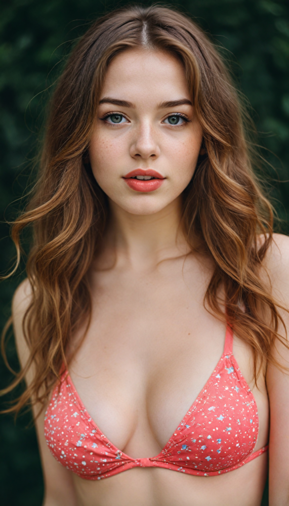 upper-body, a (beautifully realistic cute busty teen girl), with long, flowing, amber jet hair, flawless (porcelain skin), a small flawless nose, and rosy red lips, dressed in a (plain very short tight revealing translucent bikini), posing confidently