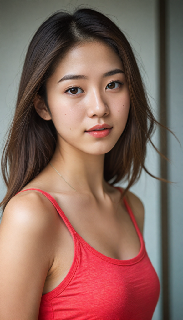 a (beautifully realistic cute Japanese teen girl), with long, flowing, voluminous, light brown soft hair, flawless (porcelain skin), a small flawless nose, and rosy red lips, dressed in a (plain very short tight revealing translucent tank top), posing confidently, Chinese