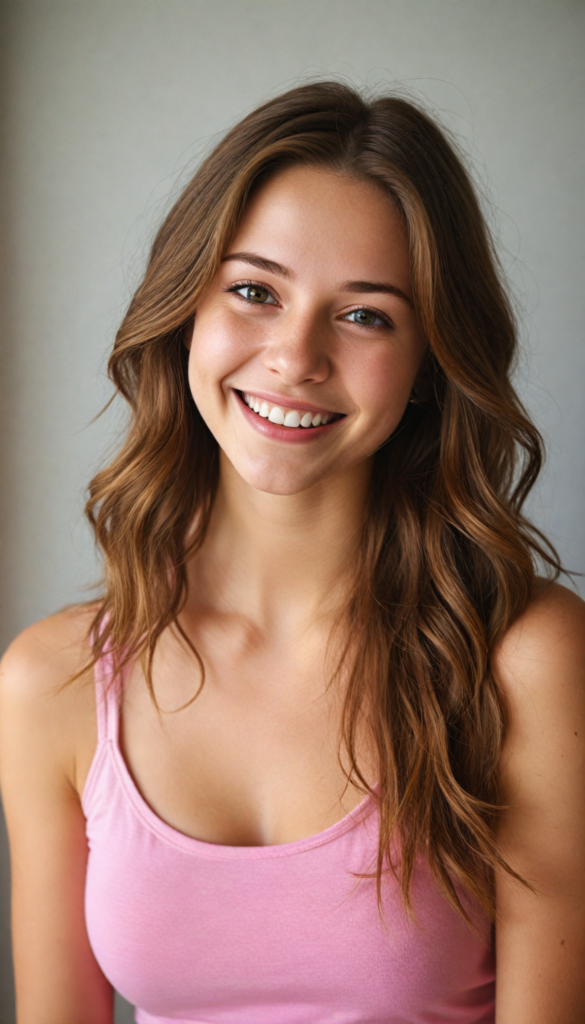 a (teen girl) with a joyful and sunny smile, wearing a sleek and fitted short crop pink tank top that showcases her perfect, curves, captured in a (flawless portrait), with long, flowing, straight hazelnut hair cascading down