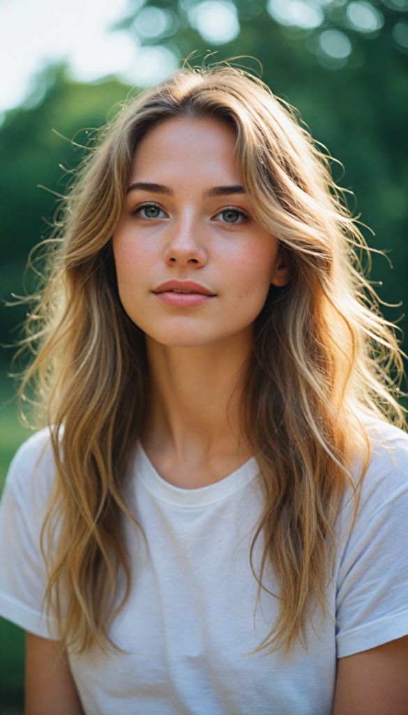 A stunning young girl with soft, long gold hair, captured in a perfect portrait style. She wears a simple white t-shirt that contrasts beautifully with her radiant features. The background is a dreamy, blurred landscape bathed in soft pastel colors, reminiscent of an impressionist painting. The lighting is warm and ethereal, highlighting her expressive eyes and gentle smile, evoking a sense of serenity and grace.