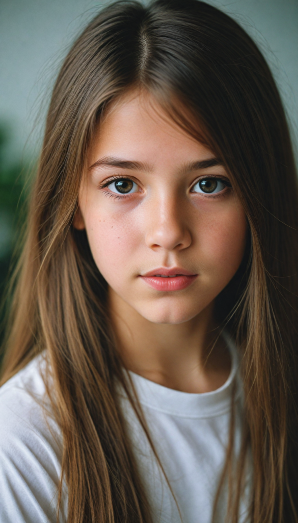 a stunning young girl, soft long brown hair, perfect portrait