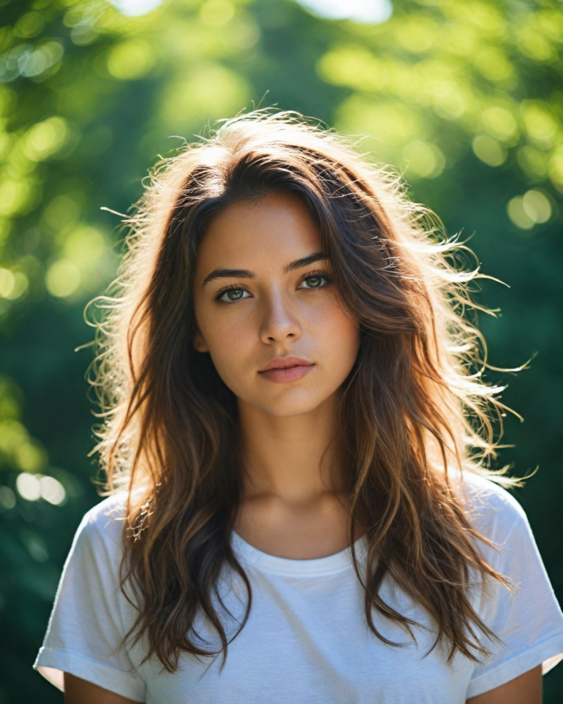 a breathtaking scene featuring a gorgeous and stunning girl with cascading hair, long white t-shirt, sunny green backdrop, detailed face, hair and eyes