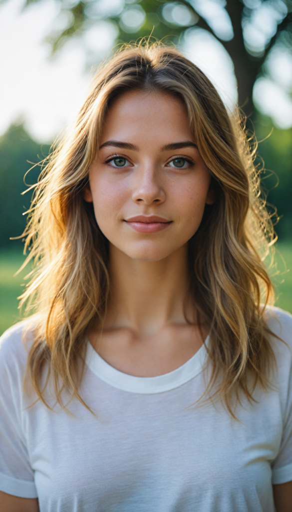 A stunning young girl with soft, long gold hair, captured in a perfect portrait style. She wears a simple white t-shirt that contrasts beautifully with her radiant features. The background is a dreamy, blurred landscape bathed in soft pastel colors, reminiscent of an impressionist painting. The lighting is warm and ethereal, highlighting her expressive eyes and gentle smile, evoking a sense of serenity and grace.