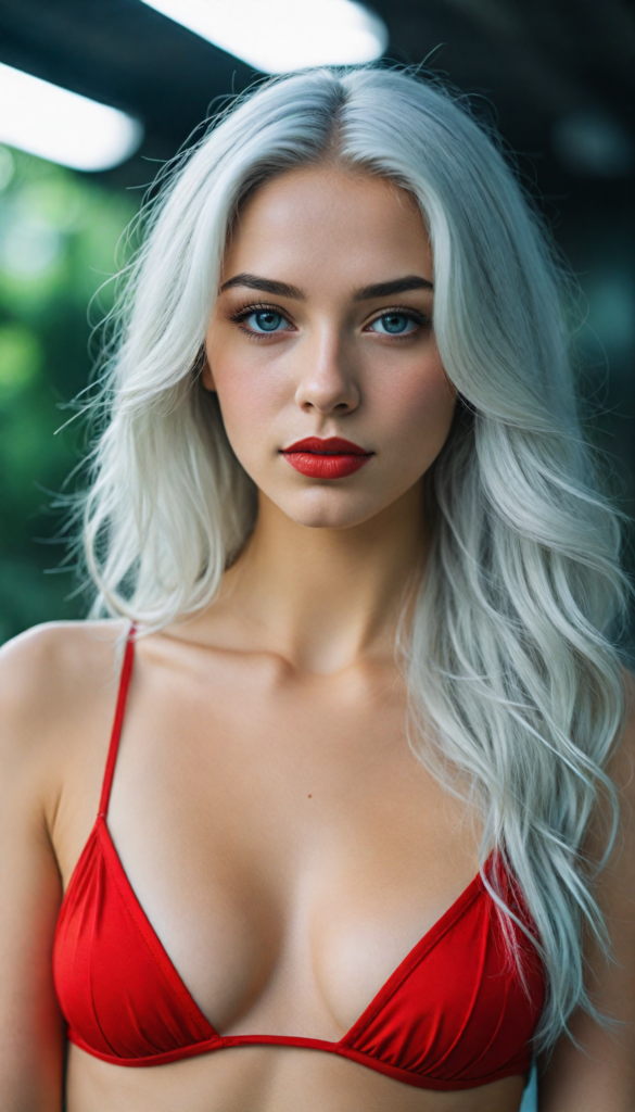 a (very beautiful teenage girl), with long, flowing, voluminous (detailed soft white hair), styled in a sleek, shiny, straight haircut with sharp, defined (full red lips), emitting an ethereal glow that complements her otherwise natural features, dressed in a (bikini, deep v-neck), perfect curved fit body, round realistic face, round shiny light blue eyes