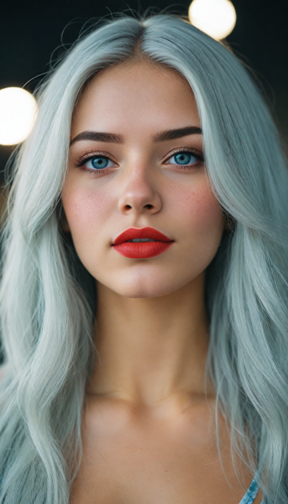 a (very beautiful teenage girl), with long, flowing, voluminous (detailed soft white hair), styled in a sleek, shiny, straight haircut with sharp, defined (full red lips), emitting an ethereal glow that complements her otherwise natural features, dressed in a (bikini, deep v-neck), perfect curved fit body, round realistic face, round shiny light blue eyes