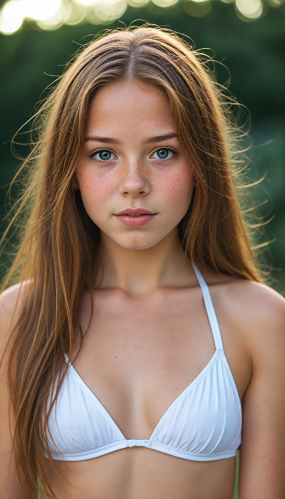 a upper-body portrait from a cute young girl with long, straight auburn hair, super detailed face, detailed eyes, full lips, white bikini