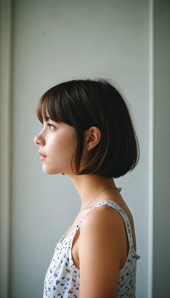 a (vividly drawn cute teen girl) with a (perfectly curved silhouette) and illustrative details that convey youthful cuteness, bob cut, shoulder-length hair