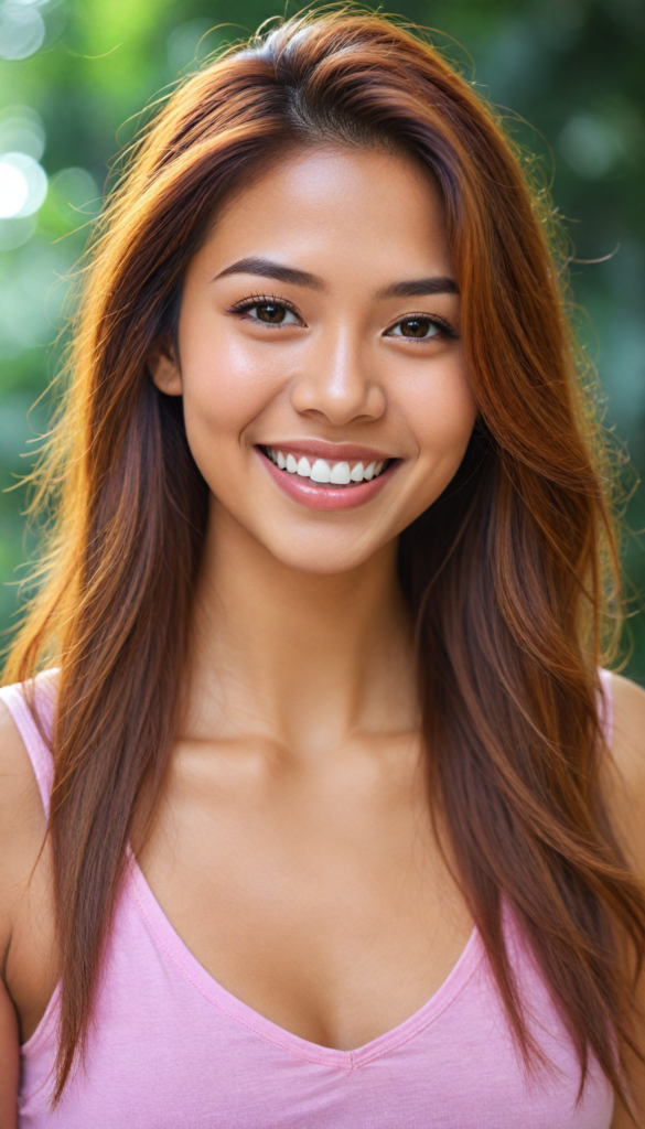 a (very beautiful Pinay teenage girl), with long, flowing, voluminous (detailed soft red amber hair), styled in a sleek, shiny, straight haircut with sharp, defined (full lips), emitting an ethereal glow that complements her otherwise natural features, dressed in a (pink short thin plain and cropped tank top made of fine wool, deep v-neck), perfect curved fit body, she radiates pure joy, smile, perfect white teeth, round realistic face, round shiny amber eyes, full kissable lips, Philippines