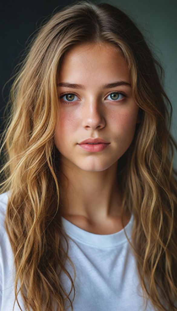 a stunning young detailed girl, beautiful eyes, full lips, soft long light brown wavy hair, perfect portrait, white t-shirt