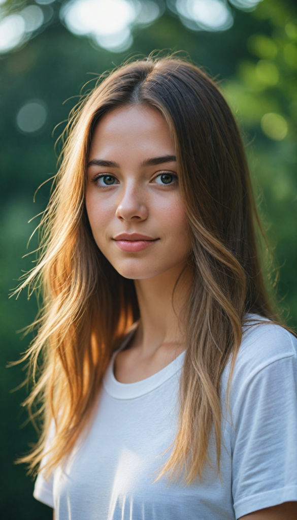 a stunning and gorgeous young girl with soft, long straight jet gold hair, captured in a perfect portrait style. She wears a simple white t-shirt that contrasts beautifully with her radiant features. The background is a dreamy, blurred landscape bathed in soft pastel colors, reminiscent of an impressionist painting. The lighting is warm and ethereal, highlighting her expressive eyes and gentle smile, evoking a sense of serenity and grace.