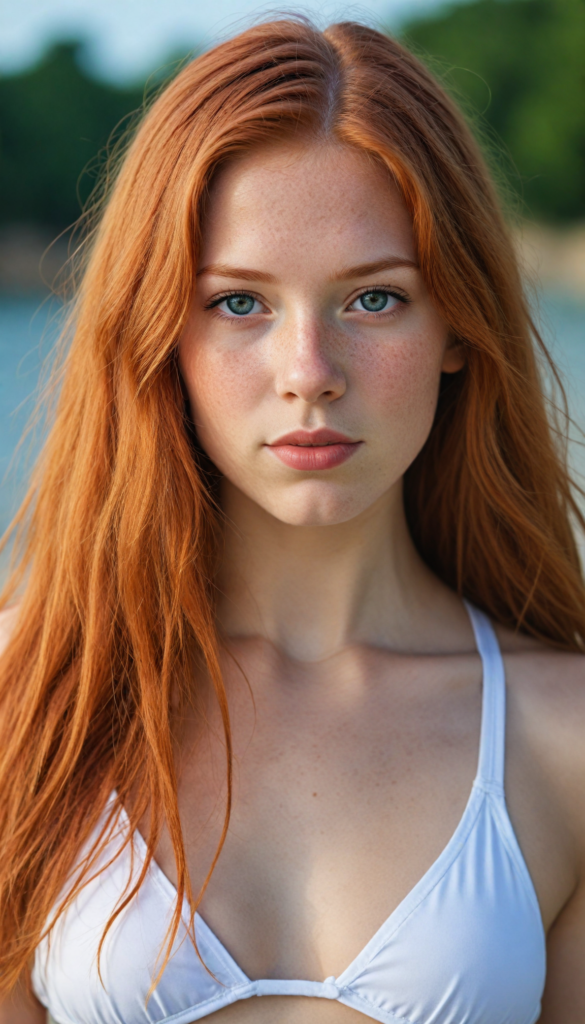 a upper-body portrait from a cute young girl with long, straight red hair, super detailed face, detailed eyes, full lips, white bikini