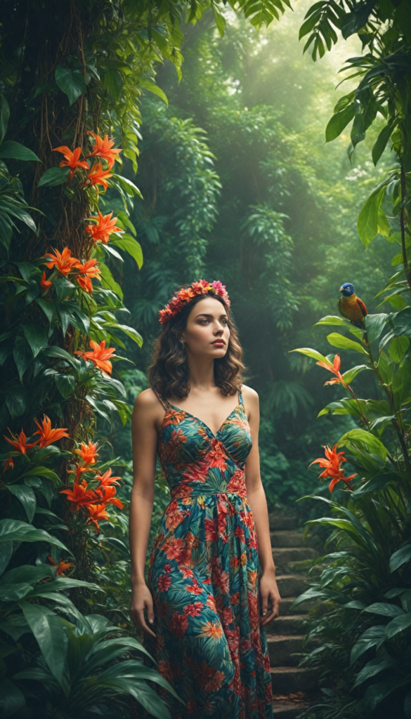 a breathtaking scene featuring a gorgeous and stunning girl with cascading hair, adorned in vibrant tropical flowers, standing amidst a lush jungle. Sunlight filters through dense green foliage, creating a magical dappled effect on her skin. She wears an elegant, flowing dress made of leaves and petals, blending seamlessly into the vibrant surroundings. The jungle teems with life; colorful birds flit through the air, and exotic plants frame the scene. The style combines elements of 21st-century fashion photography with the vivid colors and surreal details found in the works of artists like Henri Rousseau and Frida Kahlo.