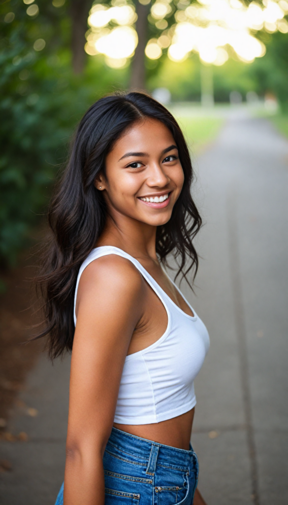 a (brown-skinned teen girl) with a joyful and sunny smile, wearing a sleek and fitted short crop white tank top that showcases her perfect, curves, captured in a (flawless portrait), with black long straight smooth hair