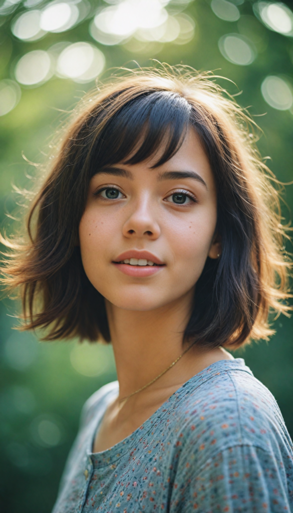 a whimsically illustrated adorable teenage girl with a playfully exaggeratedly curved silhouette, radiating youthful charm, sporting a stylish bob cut with playful tousled strands; her expressive eyes sparkle with mischief, captured in a dreamy, soft-focus style reminiscent of watercolor art, harmonizing with a magical, fairytale-like atmosphere.