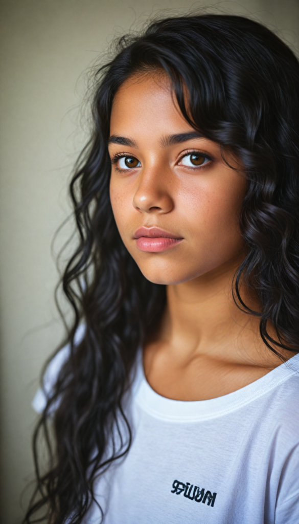 a stunning young detailed Latino girl, beautiful eyes, full lips, soft long obsidian black wavy hair, perfect portrait, white t-shirt