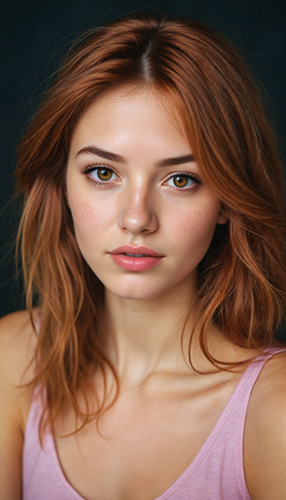 a (very beautiful teenage girl), with long, flowing, voluminous (detailed soft red amber hair), styled in a sleek, shiny, straight haircut with sharp, defined (full red lips), emitting an ethereal glow that complements her otherwise natural features, dressed in a (pink short thin plain and cropped tank top made of fine wool, deep v-neck), perfect curved fit body, round realistic face, round shiny amber eyes