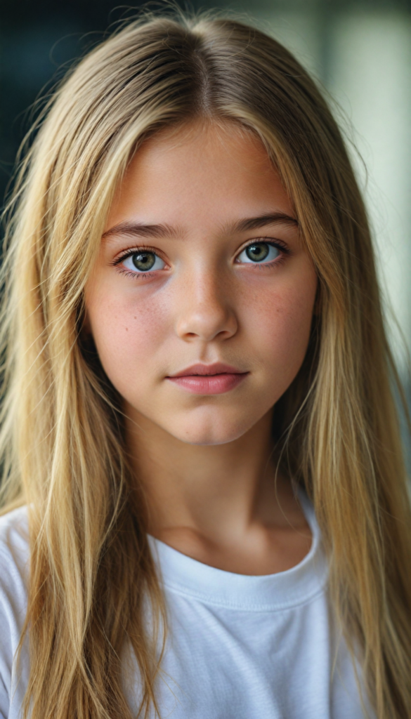 a stunning young girl, soft long gold hair, perfect portrait, white t-shirt