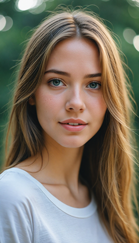 a stunning and gorgeous young girl with soft, long straight jet gold hair, captured in a perfect portrait style. She wears a simple white t-shirt that contrasts beautifully with her radiant features. The background is a dreamy, blurred landscape bathed in soft pastel colors, reminiscent of an impressionist painting. The lighting is warm and ethereal, highlighting her expressive eyes and gentle smile, evoking a sense of serenity and grace.