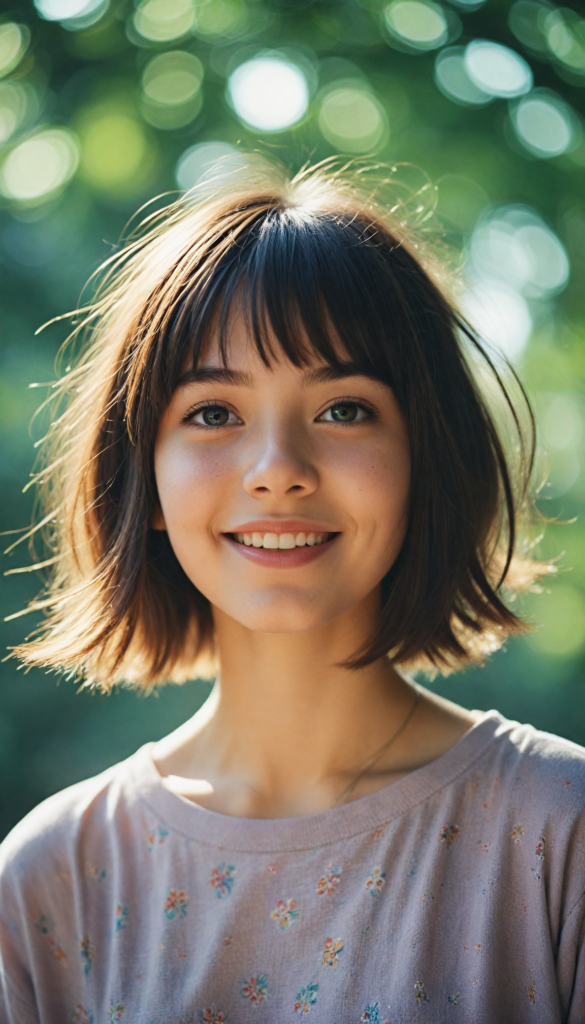 a whimsically illustrated adorable teenage girl with a playfully exaggeratedly curved silhouette, radiating youthful charm, sporting a stylish bob cut with playful tousled strands; her expressive eyes sparkle with mischief, captured in a dreamy, soft-focus style reminiscent of watercolor art, harmonizing with a magical, fairytale-like atmosphere.