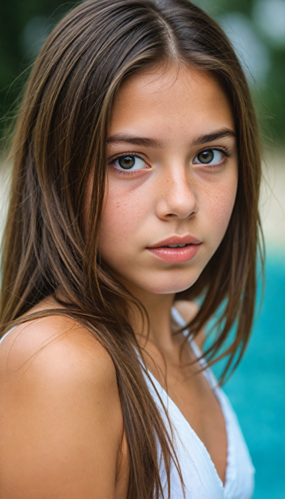 a upper-body portrait from a cute young girl with long, straight brown hair, super detailed face, detailed eyes, full lips, white bikini