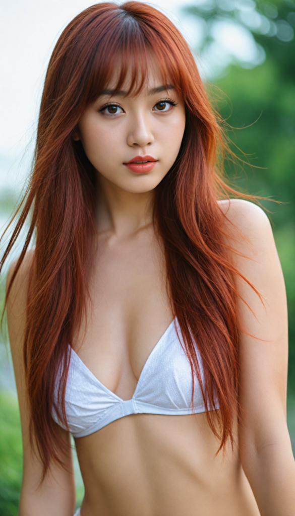 a (very beautiful Asian teenage girl), with long, flowing, voluminous (detailed soft red amber hair), styled in a sleek, shiny, straight bangs haircut with sharp, defined (full red lips), emitting an ethereal glow that complements her otherwise natural features, dressed in a (t-shirt), perfect curved fit body, round realistic face, round shiny amber eyes