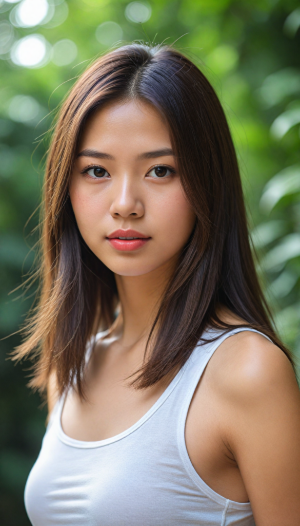 a (beautifully realistic cute Taiwanese teen girl), with long, flowing, voluminous, light brown soft hair, flawless (porcelain skin), a small flawless nose, and rosy red lips, dressed in a (plain very short tight revealing translucent tank top), posing confidently, Malaysian