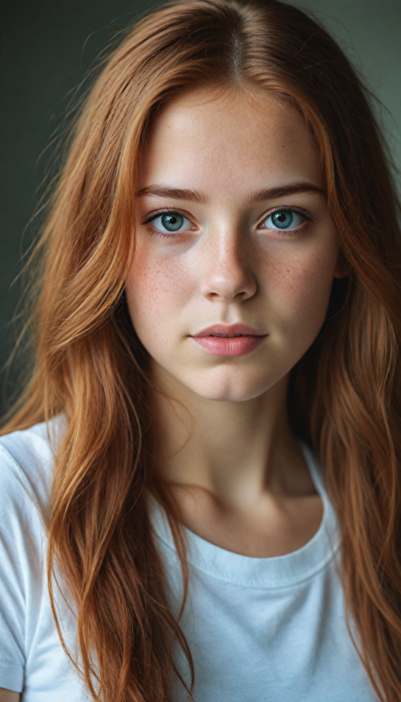 a stunning young detailed girl, soft long auburn hair, perfect portrait, white t-shirt