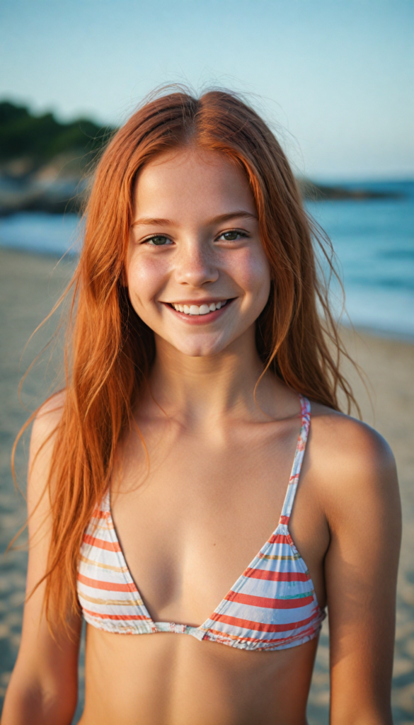 a young girl in a bikini, smile, beach in the backdrop, long straight light red hair