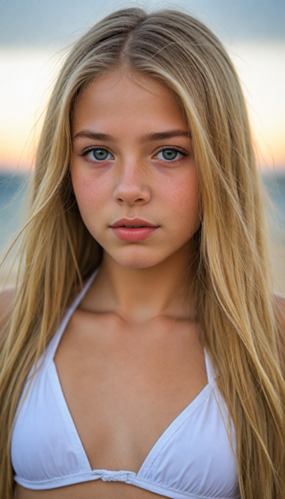 a upper-body portrait from a cute young girl with long, straight gold hair, super detailed face, detailed eyes, full lips, white bikini