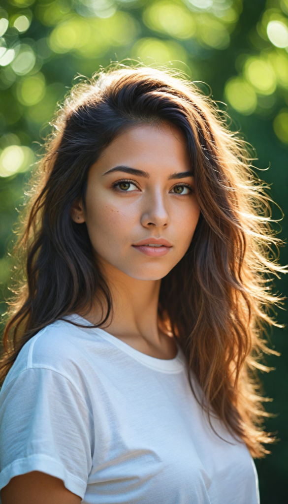 a breathtaking scene featuring a gorgeous and stunning girl with cascading hair, long white t-shirt, sunny green backdrop, detailed face, hair and eyes