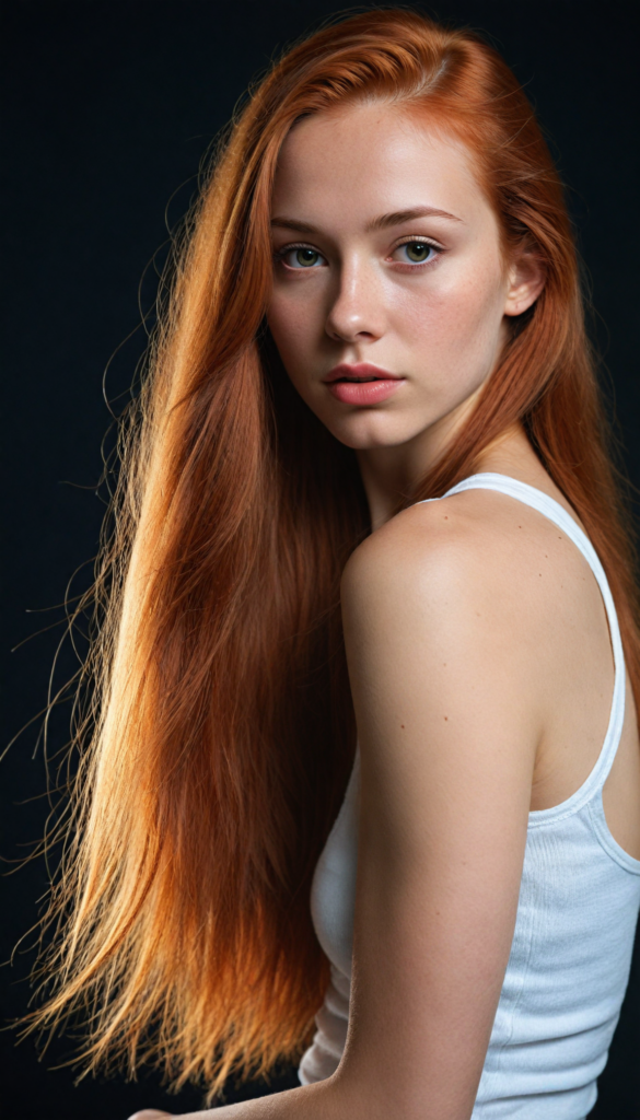 realistic and detailed portrait of a young, pretty girl with long straight jet red soft hair, black background, weak light illuminates the girl a little, side view, wears a thin cropped white tank top made of fine wool, perfect body