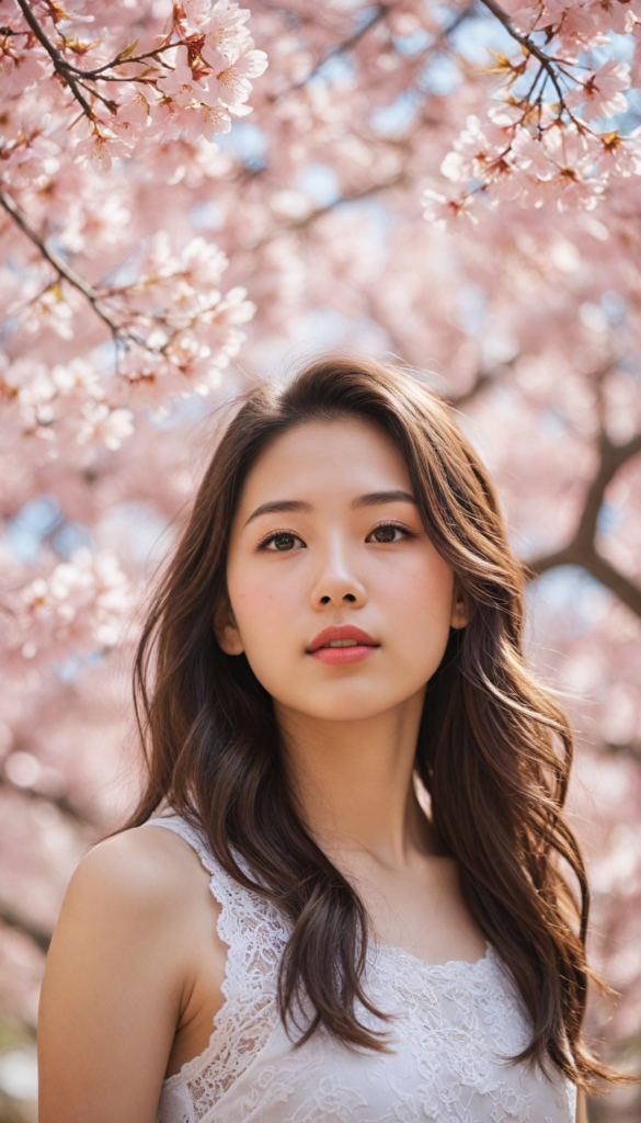 a stunningly realistic portrayal of a whimsical Japanese teen girl, with cascading, voluminous waves of silky light brown hair adorned with delicate cherry blossom clips, her flawless porcelain skin glowing softly in the warm sunlight, featuring a petite, perfectly shaped nose and inviting rosy red lips. She is dressed in an ethereal, sheer tank top that dances with the breeze, revealing intricate patterns of lace, as she poses confidently against a backdrop of vibrant cherry blossom trees, capturing the essence of springtime grace and youth. The scene is infused with a dreamy, pastel color palette reminiscent of Impressionist painters, evoking a sense of tranquility and beauty.