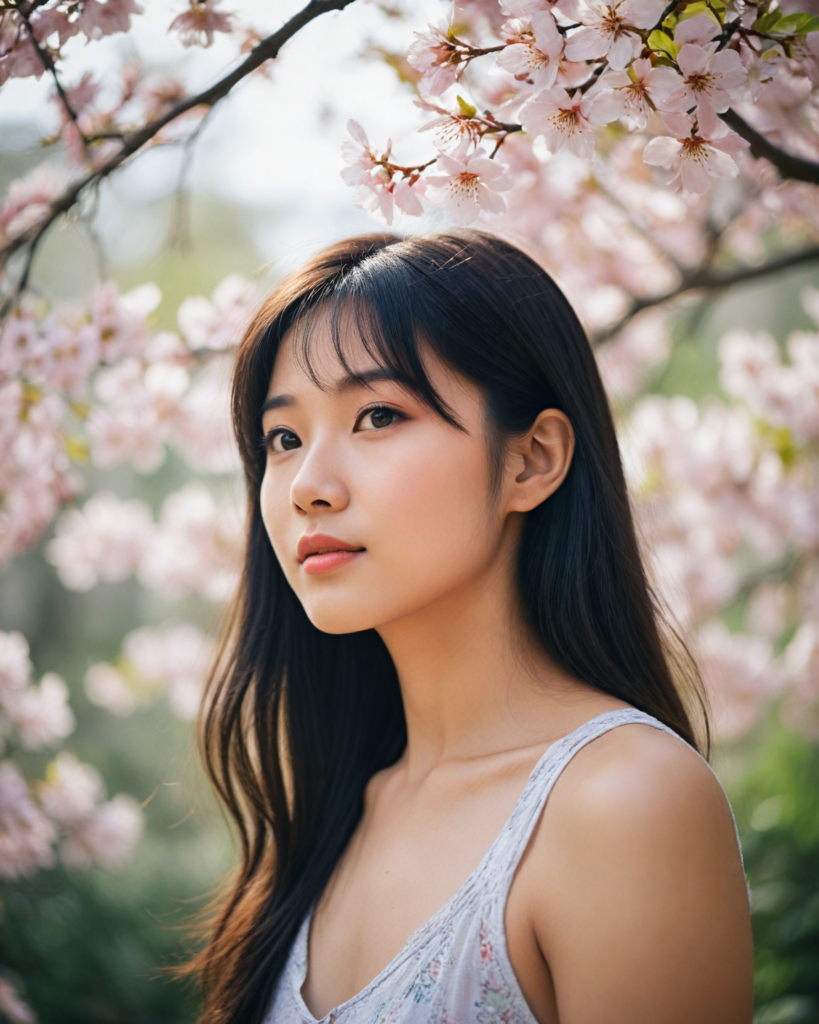 a beautifully captured upper-body portrait of a young Asian girl with long, silky dark hair cascading down her shoulders, elegantly highlighted by subtle sunlight. She has charming bangs framing her round face, which glows with youthful radiance. Her striking light amber eyes, reminiscent of shimmering honey, sparkle with curiosity as they engage the viewer directly. Her full lips are slightly curved into a gentle smile, adding warmth to the scene. She's dressed in a stylishly cropped tank top adorned with intricate floral patterns, infused with vibrant colors, set against a softly blurred, dreamy background of blooming cherry blossoms, evoking a sense of springtime wonder and innocence, reminiscent of a blend between contemporary portrait photography and soft impressionistic art.