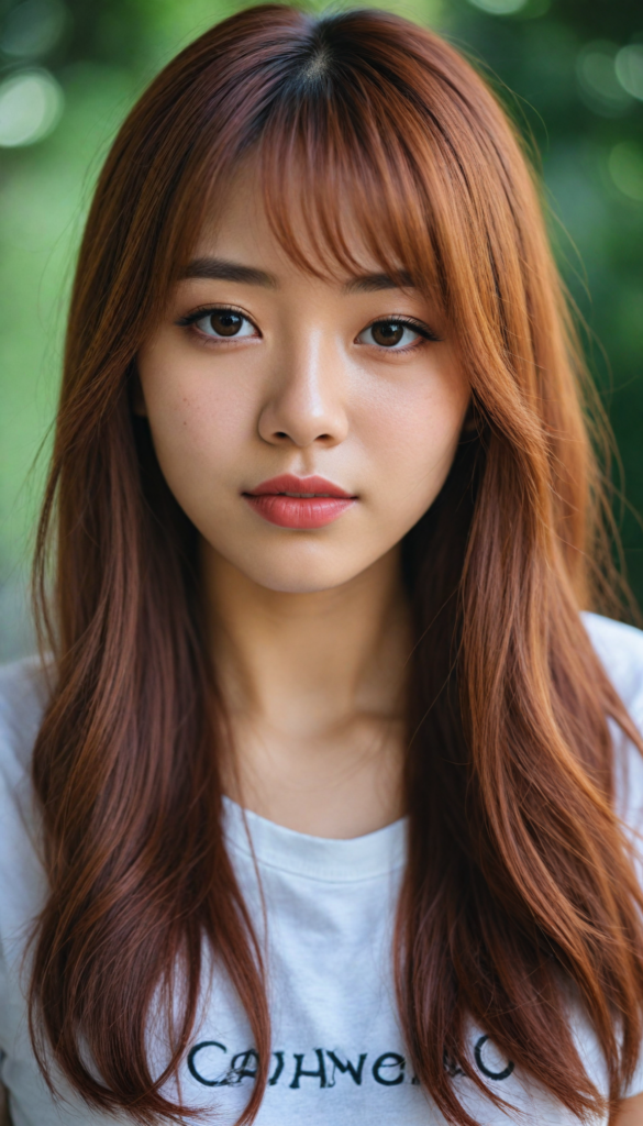 a (very beautiful Asian teenage girl), with long, flowing, voluminous (detailed soft red amber hair), styled in a sleek, shiny, straight bangs haircut with sharp, defined (full red lips), emitting an ethereal glow that complements her otherwise natural features, dressed in a (t-shirt), perfect curved fit body, round realistic face, round shiny amber eyes