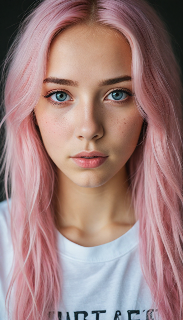 a stunning young detailed girl, beautiful eyes, full lips, soft long light pink hair, perfect portrait, white t-shirt