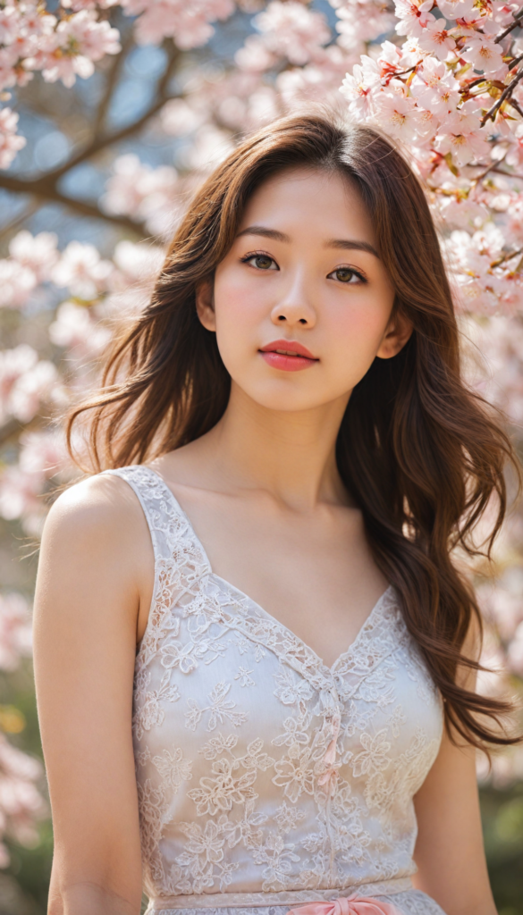 a stunningly realistic portrayal of a whimsical Japanese teen girl, with cascading, voluminous waves of silky light brown hair adorned with delicate cherry blossom clips, her flawless porcelain skin glowing softly in the warm sunlight, featuring a petite, perfectly shaped nose and inviting rosy red lips. She is dressed in an ethereal, sheer tank top that dances with the breeze, revealing intricate patterns of lace, as she poses confidently against a backdrop of vibrant cherry blossom trees, capturing the essence of springtime grace and youth. The scene is infused with a dreamy, pastel color palette reminiscent of Impressionist painters, evoking a sense of tranquility and beauty.